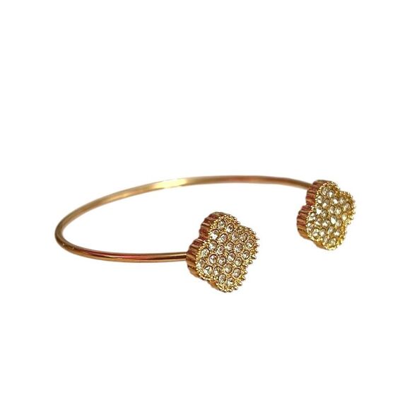 Double Clover Clear Rhinestone Gold Tone Open Bracelet - Picture 2 of 3